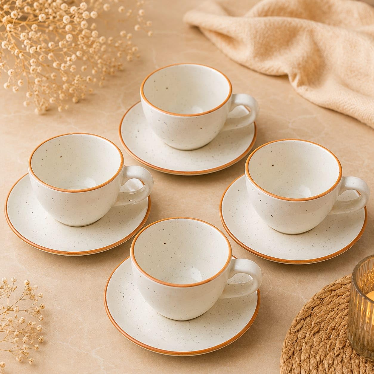 OCEAN STORE Ceramic Natural White Dotted Tea Cup and Saucer | 75 ML Capacity | Durable Stoneware for Espresso, Tea, and Herbal Infusions | Microwave & Dishwasher Safe, Antique Style (2)