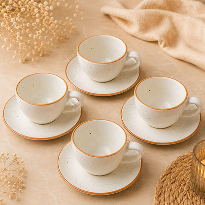 OCEAN STORE Ceramic Natural White Dotted Tea Cup and Saucer | 75 ML Capacity | Durable Stoneware for Espresso, Tea, and Herbal Infusions | Microwave & Dishwasher Safe, Antique Style (2)