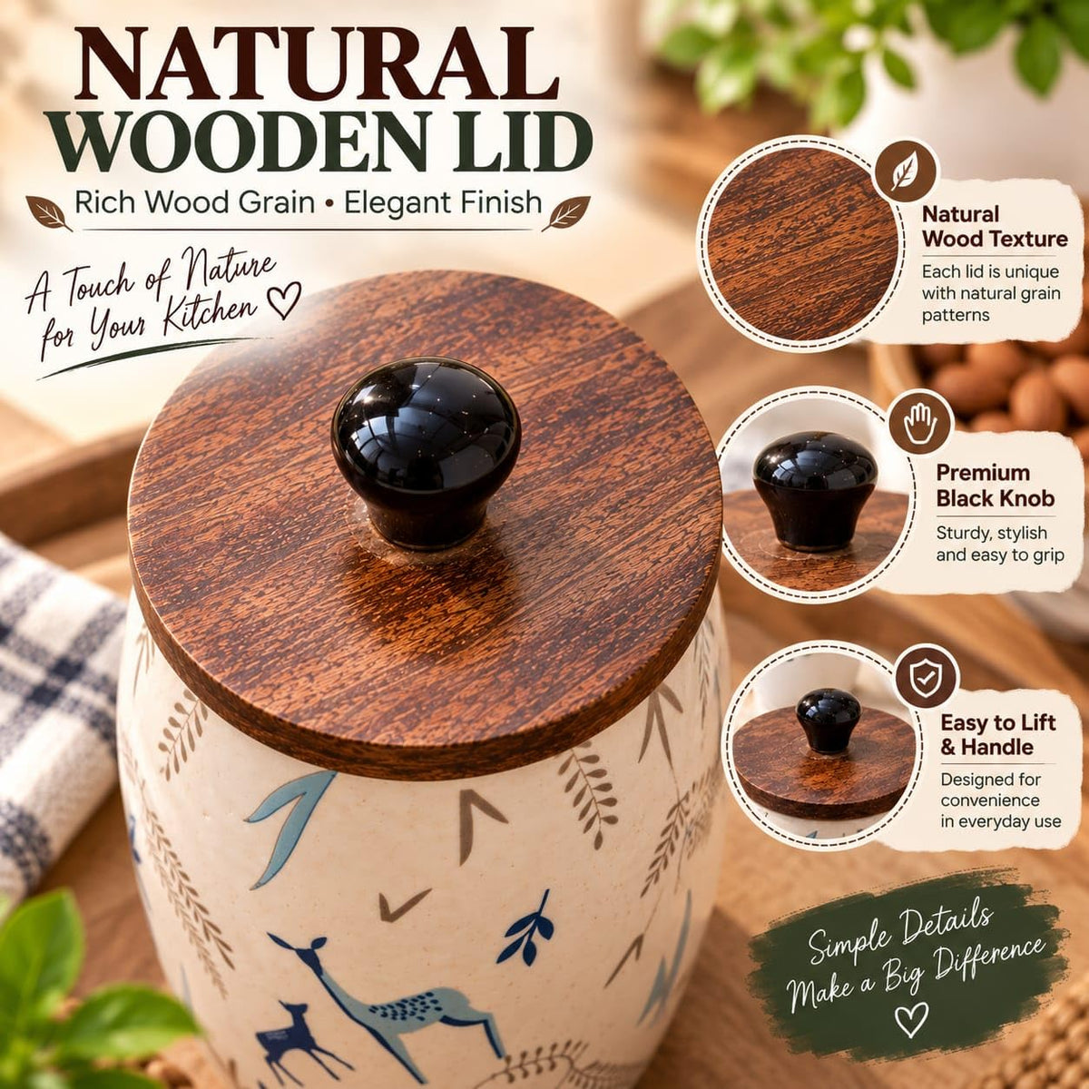 OCEAN STORE Ceramic Storage Jar with Wooden Lid, Deer and Nature Design, Kitchen Container for Tea, Coffee, Sugar and Spices, 1 Piece