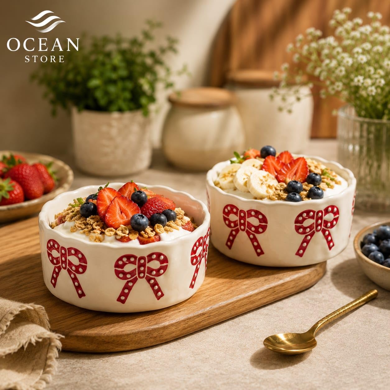 OCEAN STORE Ceramic Ribbon Bowl 250ml | Cute Hand-Painted Ribbon Bow Tie Snack and Serving Bowl | Microwave and Dishwasher Safe Ceramic Bowl (Blue Ribbon, Set of 1)