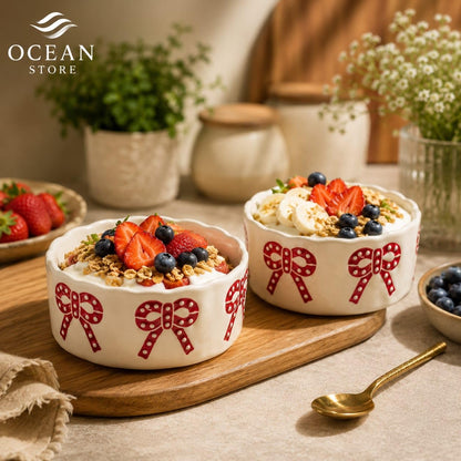 OCEAN STORE Ceramic Ribbon Bowl 250ml | Cute Hand-Painted Ribbon Bow Tie Snack and Serving Bowl | Microwave and Dishwasher Safe Ceramic Bowl (Blue Ribbon, Set of 1)