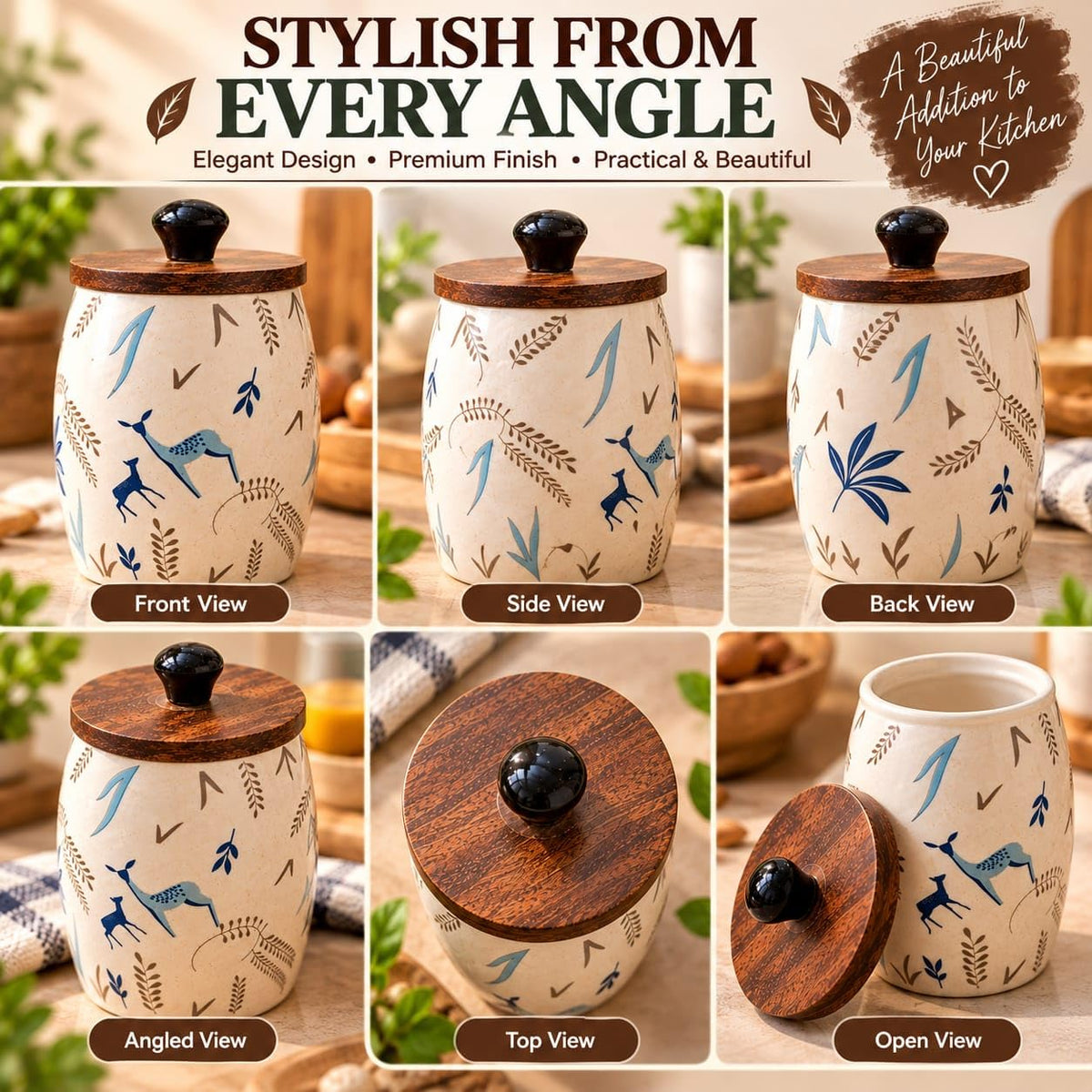 OCEAN STORE Ceramic Storage Jar with Wooden Lid, Deer and Nature Design, Kitchen Container for Tea, Coffee, Sugar and Spices, 1 Piece
