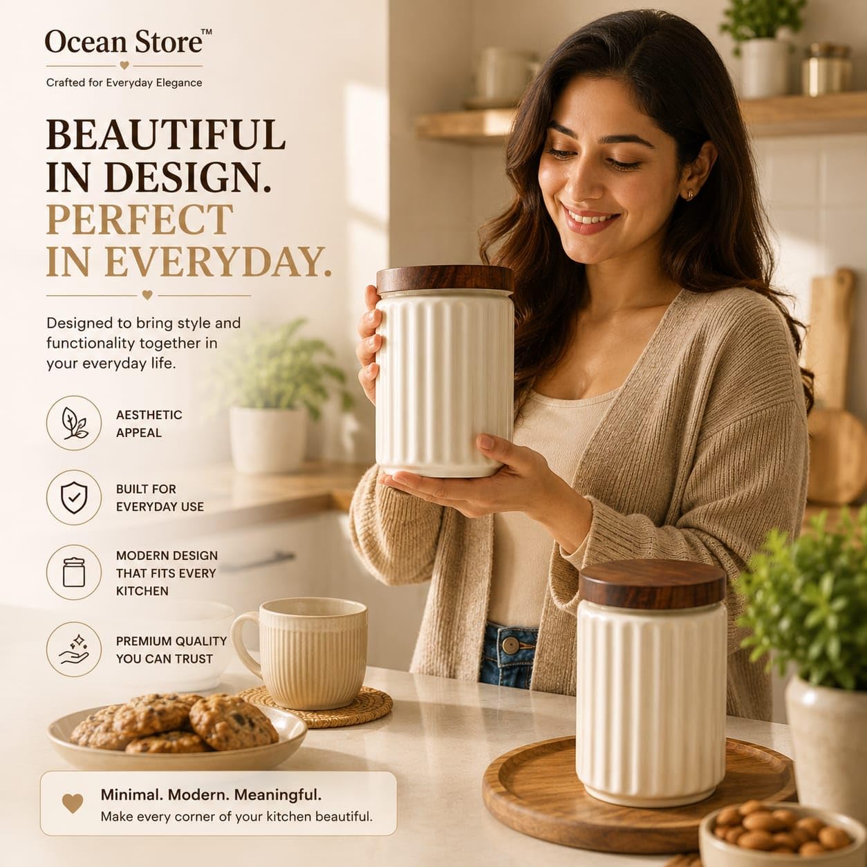 OCEAN STORE Airtight Ceramic Jar with Wooden Lid, 900ml, Cream, Square, Kitchen Container for Sugar, Tea, Salt, Pickles (White)
