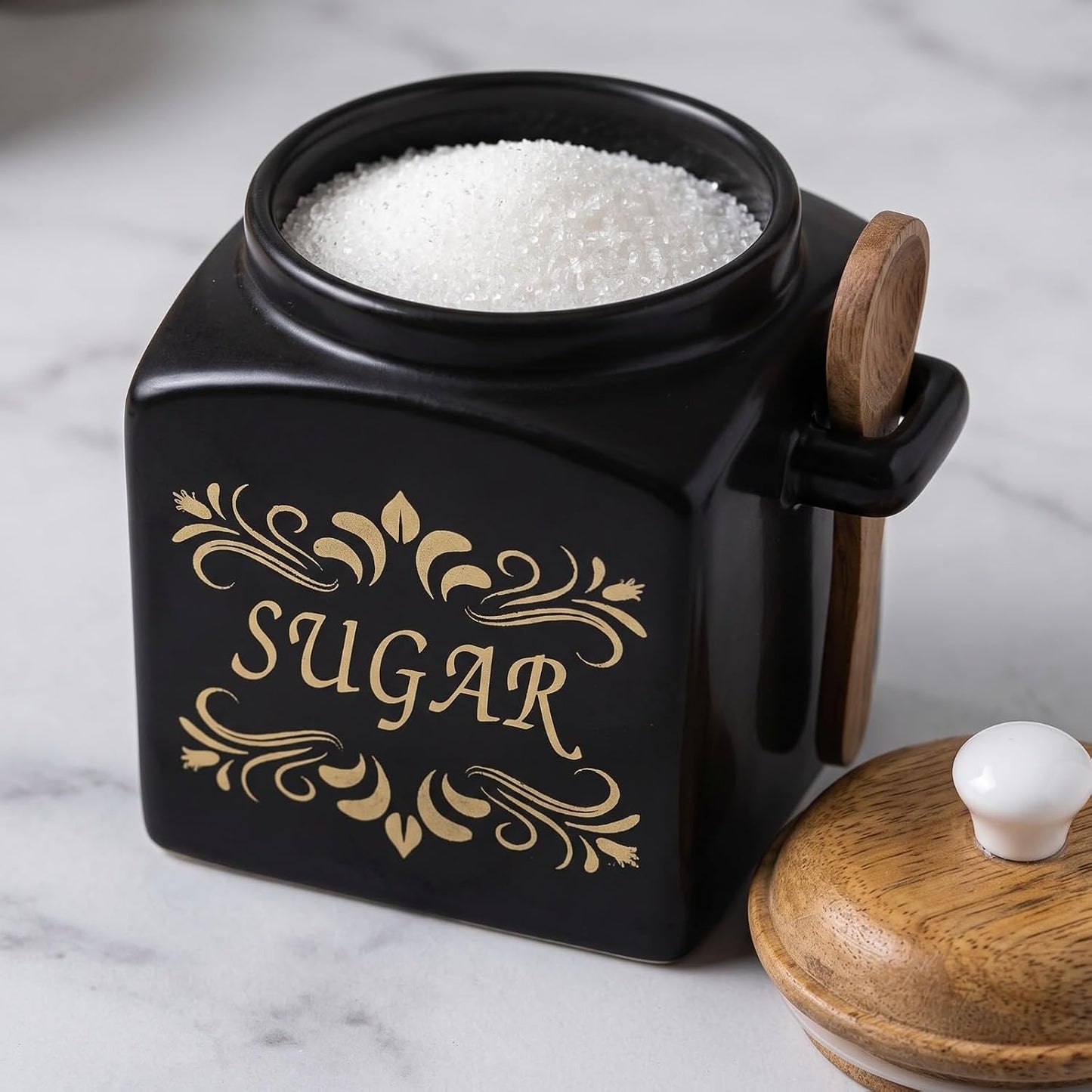 OCEAN STORE Ceramic Tea & Sugar Storage Jar Set with Wooden Lid & Spoon Holder, Black & Gold Kitchen Canister Set, Pack of 2
