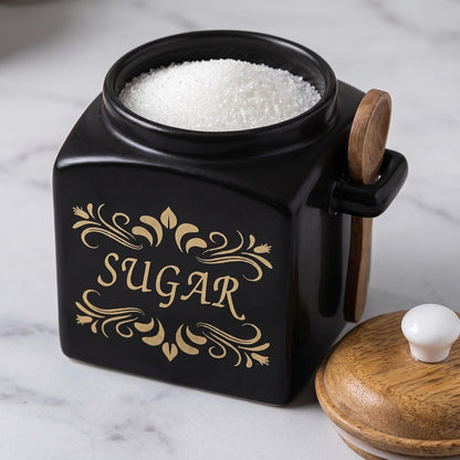 OCEAN STORE Ceramic Tea & Sugar Storage Jar Set with Wooden Lid & Spoon Holder, Black & Gold Kitchen Canister Set, Pack of 2