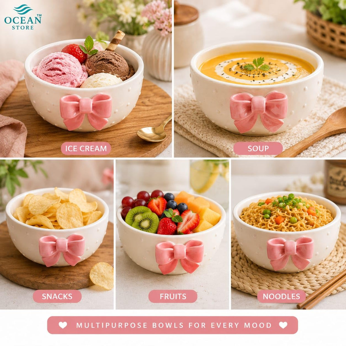 OCEAN STORE Cute Ceramic Bowl with Bow Accent, 250ml Hand-Painted Polka Dot Multipurpose Serving Bowl for Ice Cream, Soup, Snacks, and Noodles (Pink Bow, Set of 1)