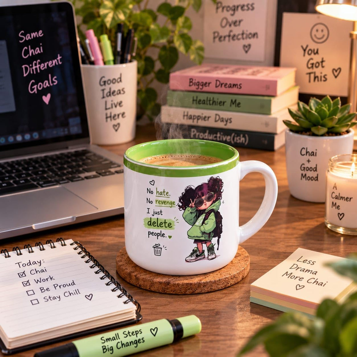 OCEAN STORE Printed Ceramic Coffee Mug with Funny and Motivational Quote, 350ml, Set of 1, Delete People Quote – Green