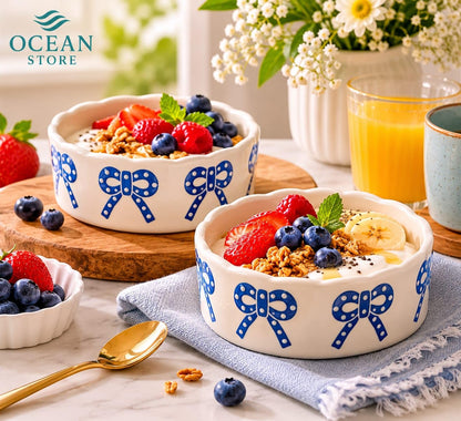 OCEAN STORE Ceramic Ribbon Bowl 250ml | Cute Hand-Painted Ribbon Bow Tie Snack and Serving Bowl | Microwave and Dishwasher Safe Ceramic Bowl (Blue Ribbon, Set of 1)