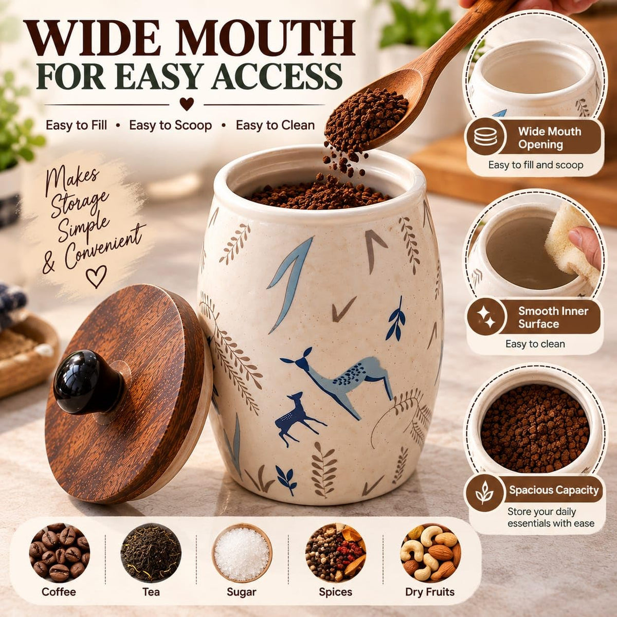 OCEAN STORE Ceramic Storage Jar with Wooden Lid, Deer and Nature Design, Kitchen Container for Tea, Coffee, Sugar and Spices, 1 Piece