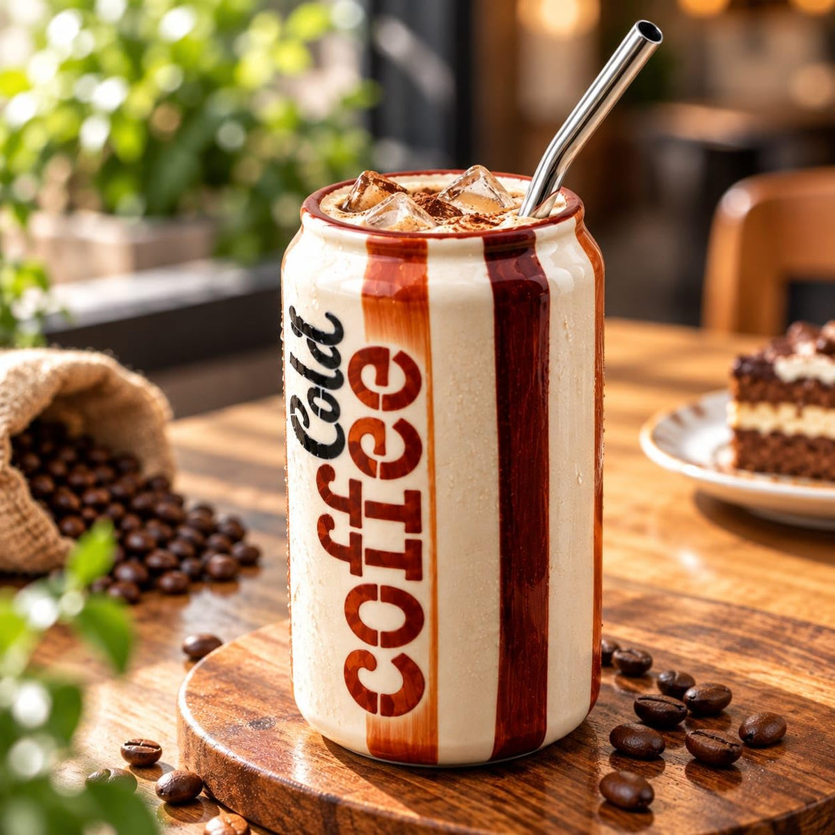 OCEAN STORE Ceramic Can Shaped Sipper with Reusable Metal Straw, 350 ml, Cold Coffee Print, Striped Tumbler for Iced Drinks, Cream and Brown