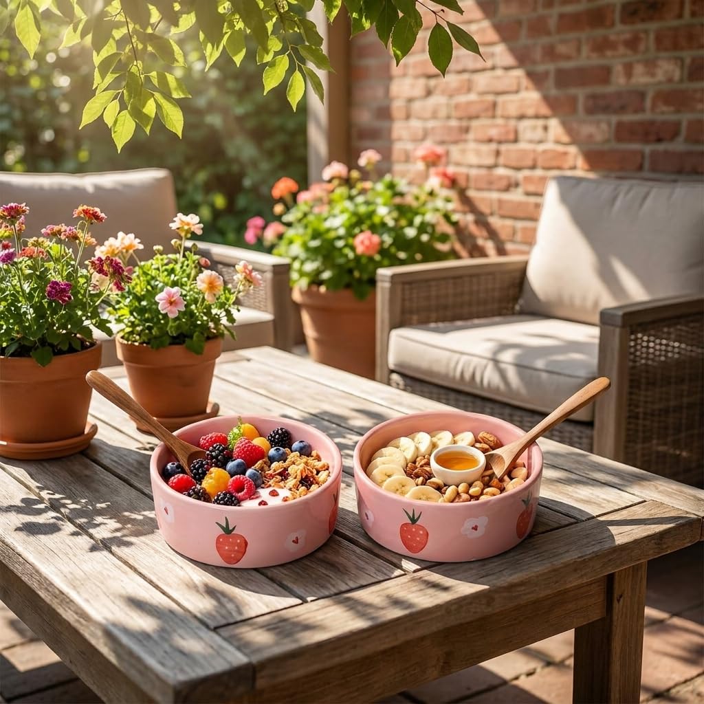 Ocean Store Pink Strawberry Ceramic Bowl, 250ml | Hand-Painted