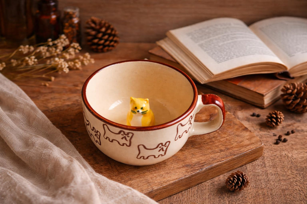 OCEAN STORE Large Cute Cat Surprise Ceramic Coffee Mug/Tea Cup - 3D Hidden Animal Figurine Inside | Microwave & Dishwasher Safe, Lead-Free | Perfect for Gifting (Cream/Brown) (1, 280ml Capacity)