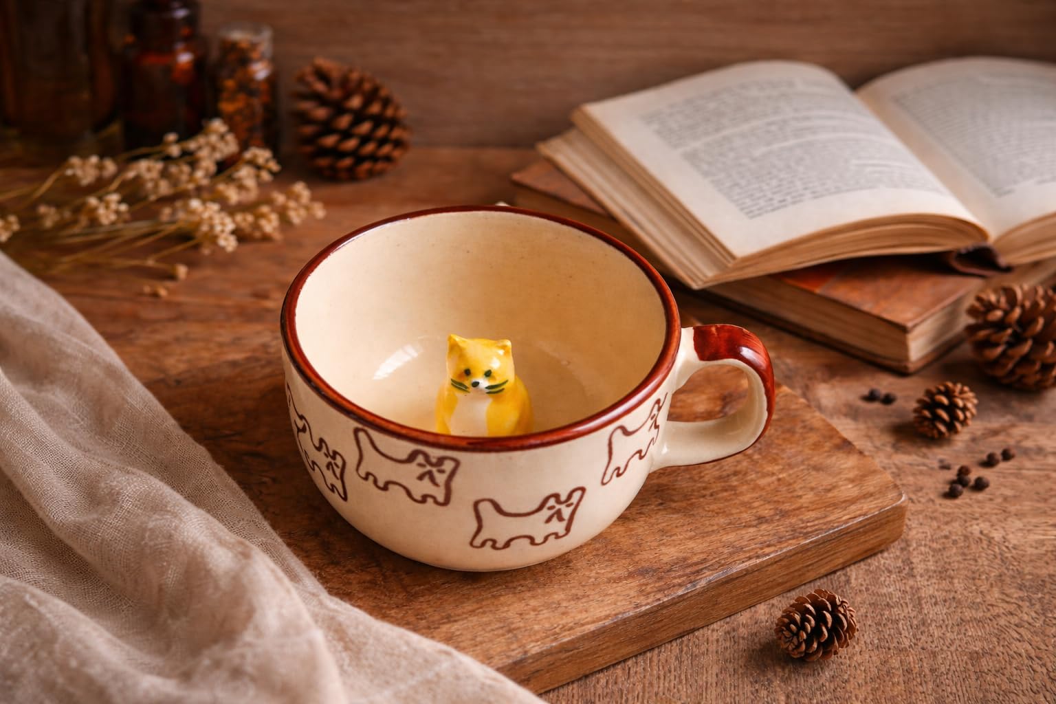 OCEAN STORE Large Cute Cat Surprise Ceramic Coffee Mug/Tea Cup - 3D Hidden Animal Figurine Inside | Microwave & Dishwasher Safe, Lead-Free | Perfect for Gifting (Cream/Brown) (1, 280ml Capacity)