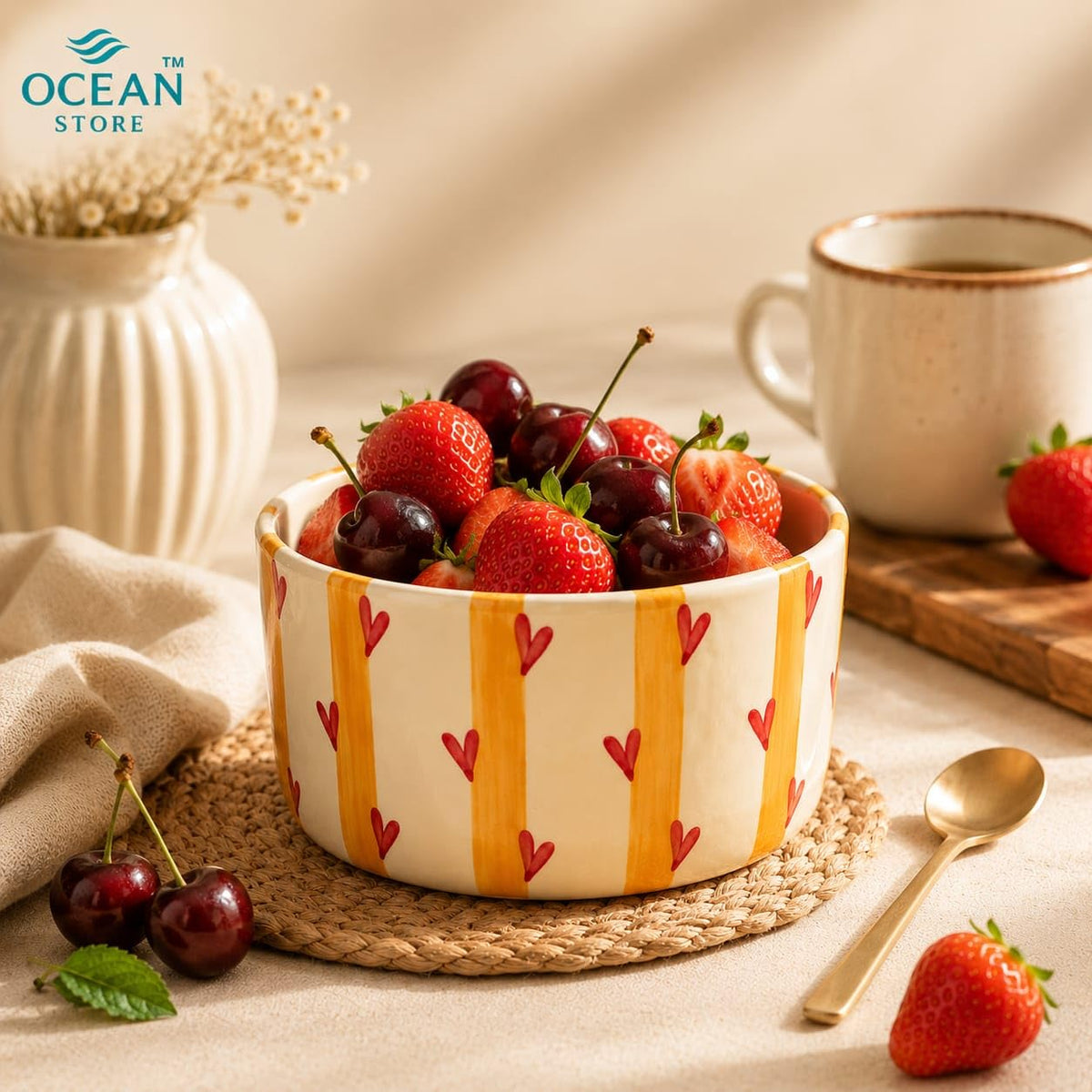 OCEAN STORE Hand-Painted Premium Ceramic Bowl | Yellow Stripes with Red Hearts | 250ml Microwave & Dishwasher Safe Small Round Serving Bowl for Snacks, Fruits & Desserts (Set of 1)