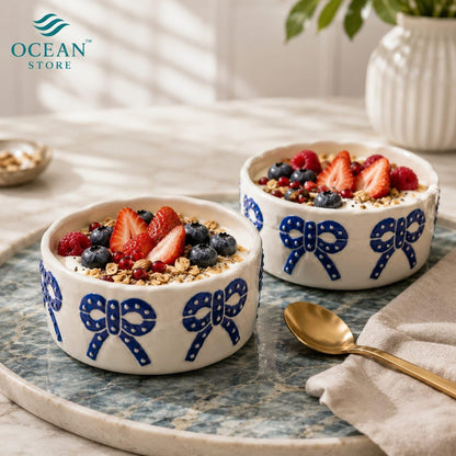 OCEAN STORE Ceramic Ribbon Bowl 250ml | Cute Hand-Painted Ribbon Bow Tie Snack and Serving Bowl | Microwave and Dishwasher Safe Ceramic Bowl (Blue Ribbon, Set of 1)