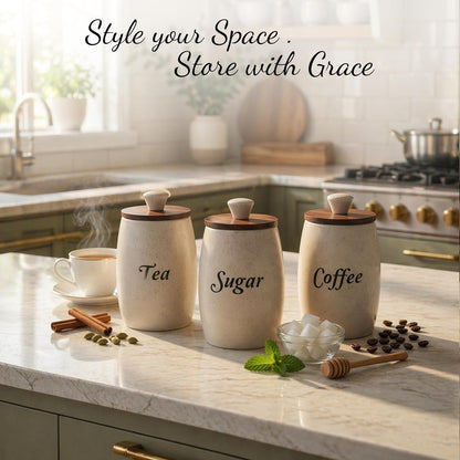 OCEAN STORE Ceramic Tea Coffee Sugar Container Set of 3, Cream, Airtight Wooden Lids, Handcrafted, 400ml Each, Microwave and Dishwasher Safe