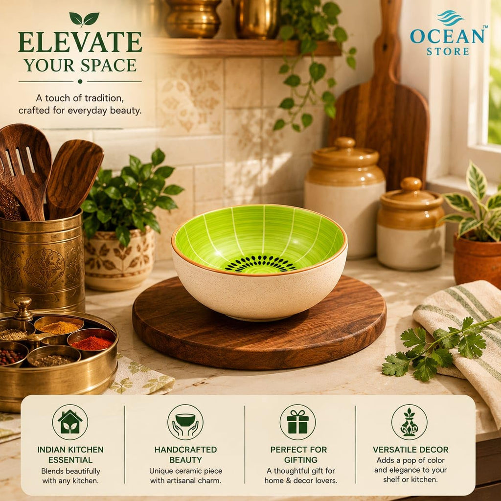 OCEAN STORE Handcrafted Kiwi Ceramic Serving Bowl, 220ml, Microwave and Dishwasher Safe, Lead-Free, for Snacks, Fruits, Ice Cream, and Salad (Set of 1)