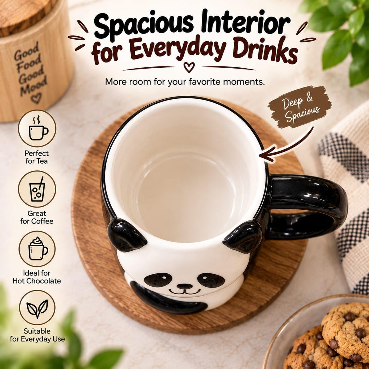 OCEAN STORE Panda Ceramic Coffee Mug, Black and White 3D Animal Design with Handle, Cup for Tea, Coffee and Hot Chocolate, 1 Piece