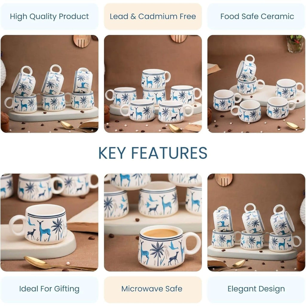 OCEAN STORE Stag Blue Ceramic Tea Cups Set of 6, Small Coffee Chai Serving Cups, 75 ML, Microwave Safe, Antique Style, Round Shape, Lead-Free