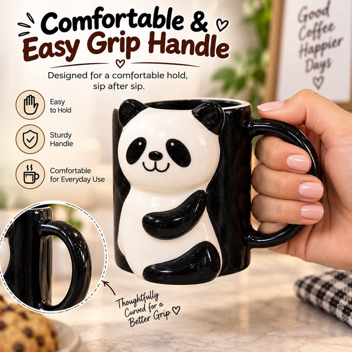 OCEAN STORE Panda Ceramic Coffee Mug, Black and White 3D Animal Design with Handle, Cup for Tea, Coffee and Hot Chocolate, 1 Piece