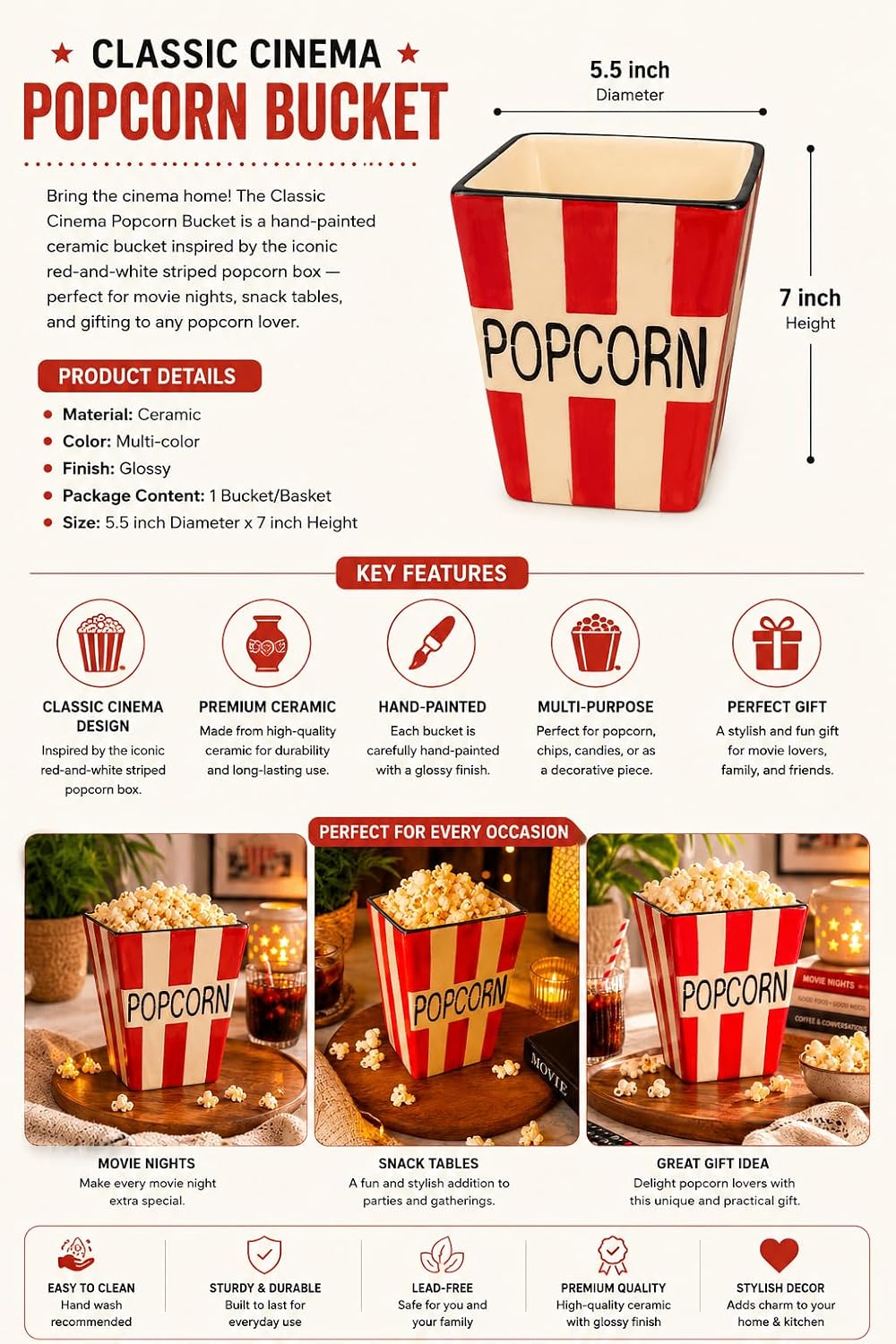 Ocean Store Classic Cinema Popcorn Bucket, Hand-Painted Ceramic Snack Bowl, Red & White Striped Movie Night Serving Basket, 5.5 x 7 Inch