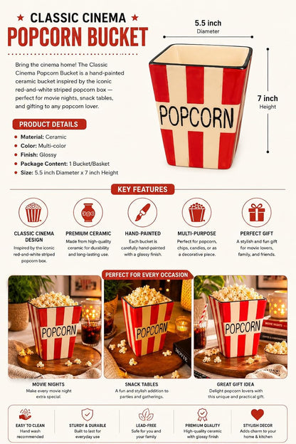 Ocean Store Classic Cinema Popcorn Bucket, Hand-Painted Ceramic Snack Bowl, Red & White Striped Movie Night Serving Basket, 5.5 x 7 Inch
