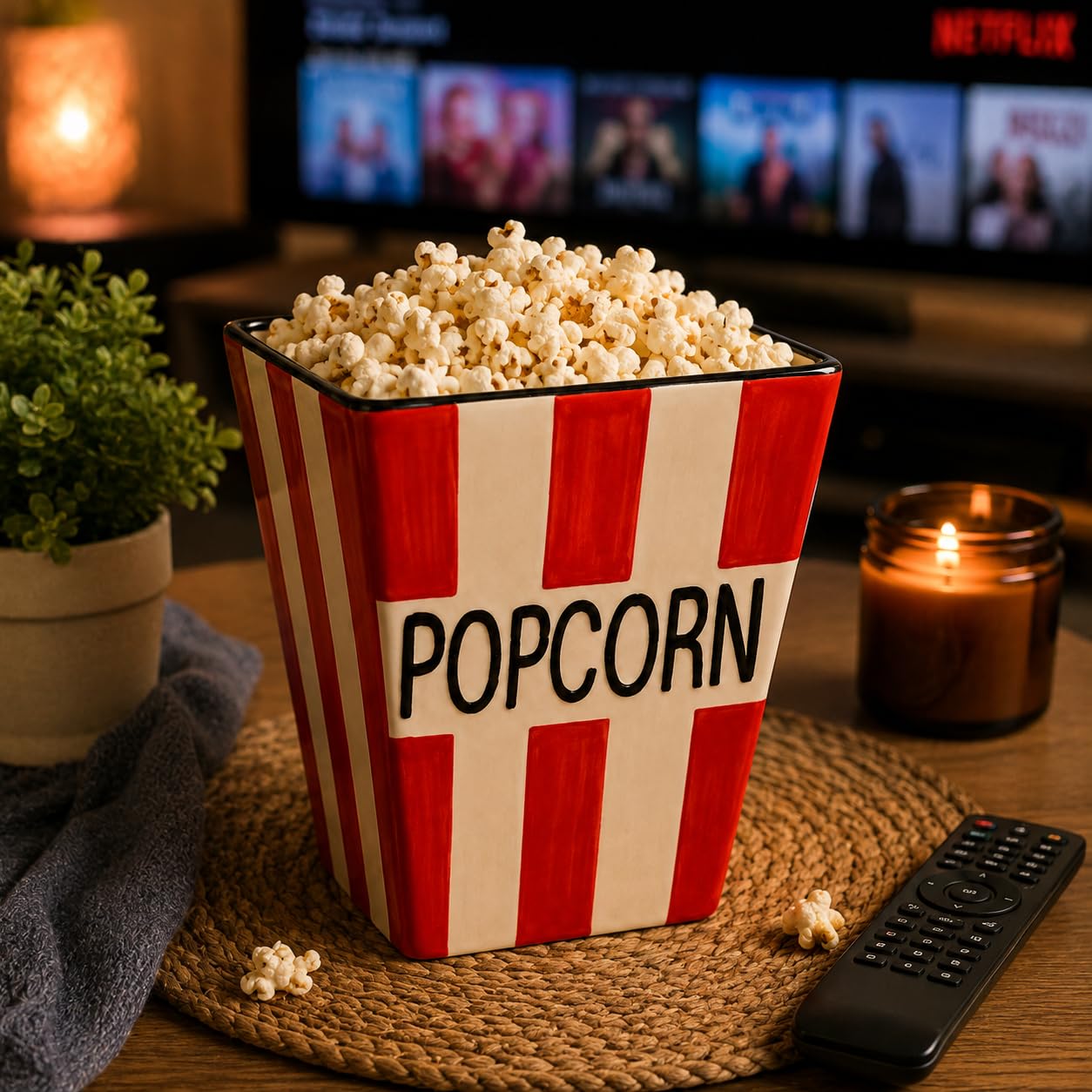 Ocean Store Classic Cinema Popcorn Bucket, Hand-Painted Ceramic Snack Bowl, Red & White Striped Movie Night Serving Basket, 5.5 x 7 Inch