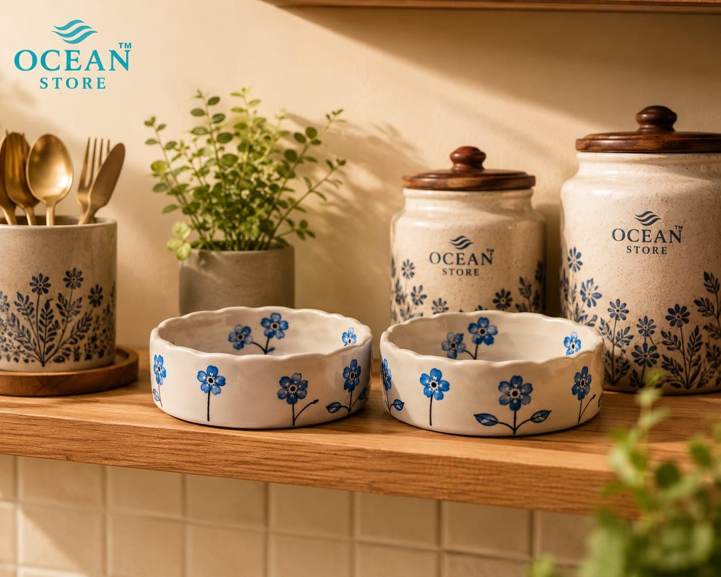 OCEAN STORE Ceramic Hand-Painted Floral Serving Bowl, 250ml, Microwave and Dishwasher Safe, Lead-Free, for Salad, Snack, and Dessert (Botanical Stem, Set of 1)
