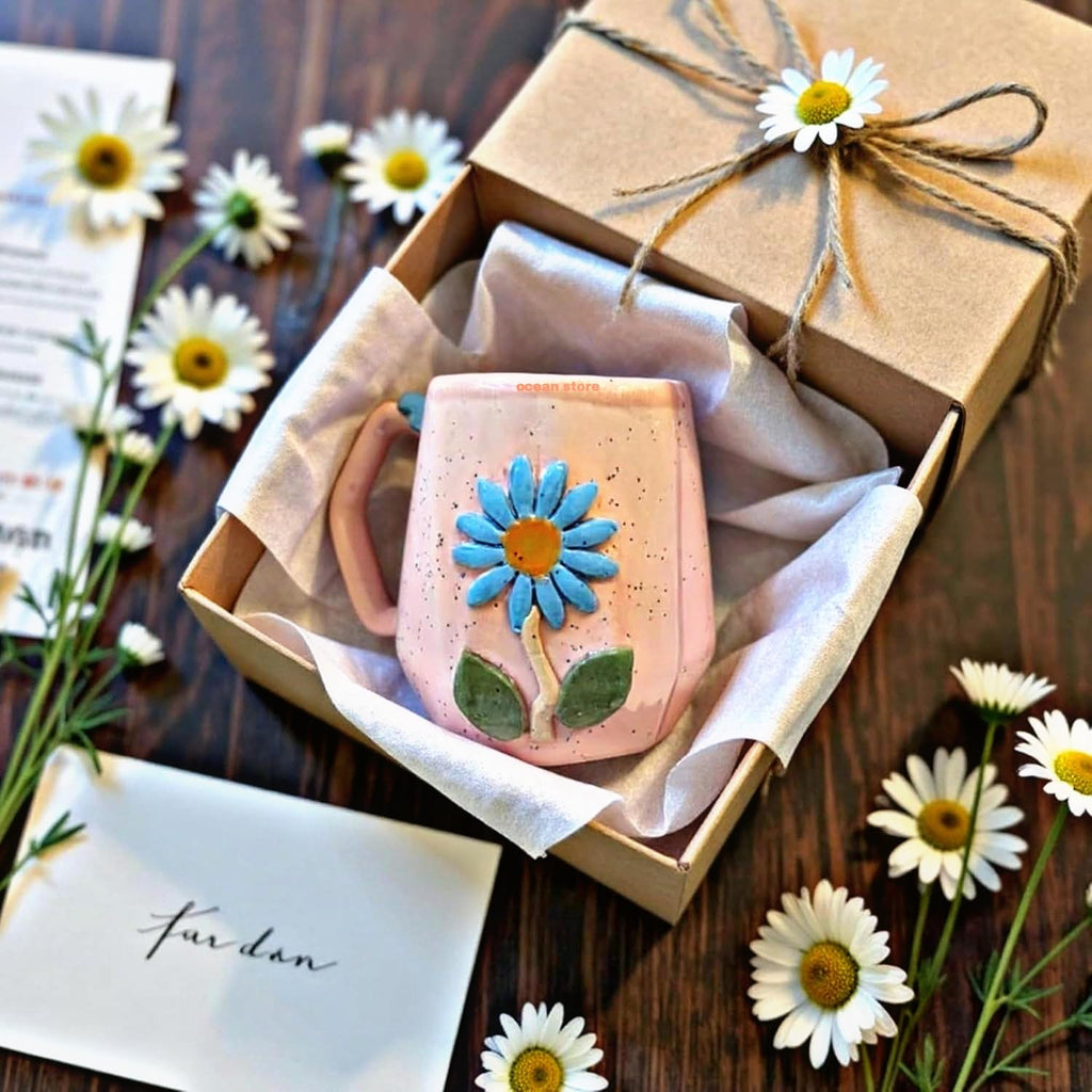 OCEAN STORE Ceramic Hexagonal Flower 240ml Coffee Mug – 3D Floral Design, Aesthetic Hand-Painted Tea Cup for Home & Office, Unique Gift for Women & Girls (Light Green)