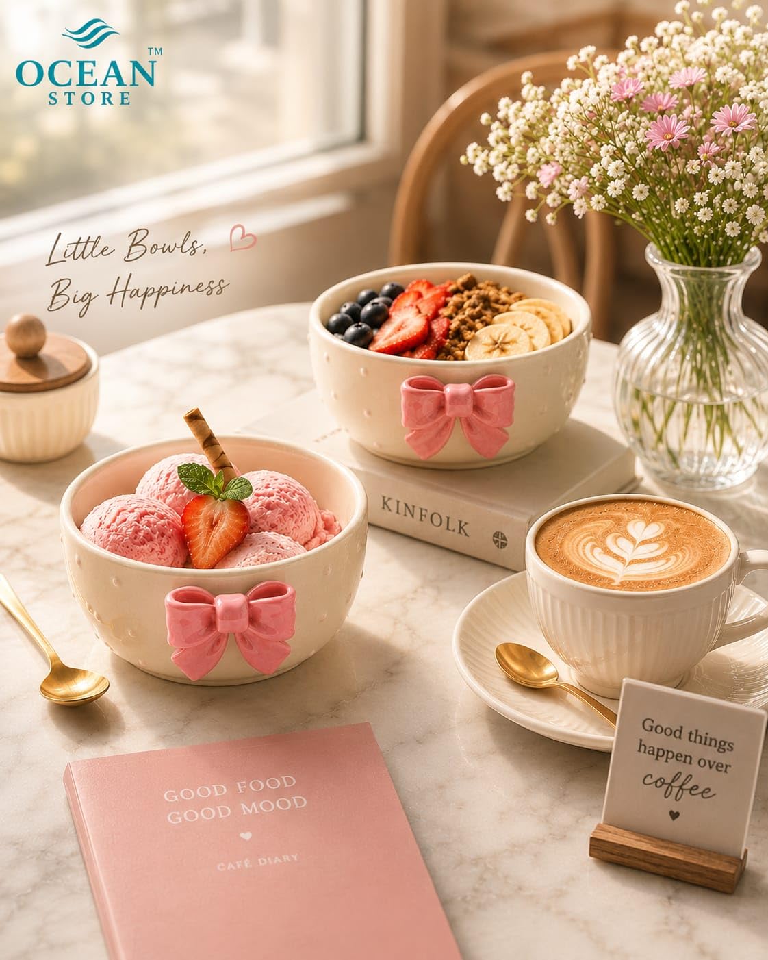 OCEAN STORE Cute Ceramic Bowl with Bow Accent, 250ml Hand-Painted Polka Dot Multipurpose Serving Bowl for Ice Cream, Soup, Snacks, and Noodles (Pink Bow, Set of 1)