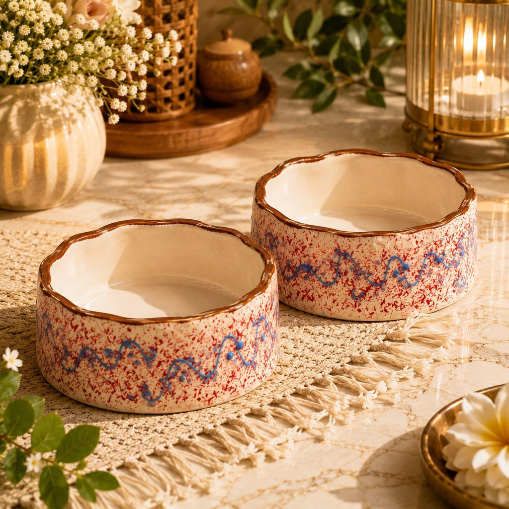 OCEAN STORE Ceramic Multipurpose Bowl 250ml - Hand-Painted Wavy Rim Serving Bowl for Ice Cream, Soup, Snacks, Fruits, Noodles - Microwave & Dishwasher Safe, Food Grade, Chip-Resistant (Single Piece)