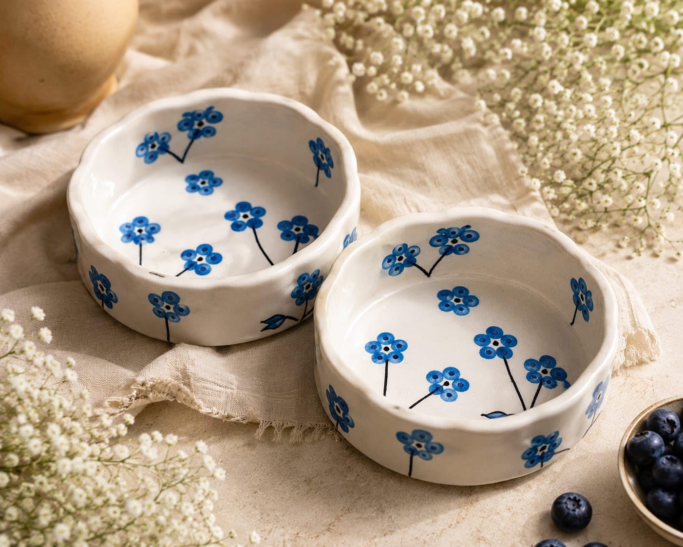 OCEAN STORE Ceramic Hand-Painted Floral Serving Bowl, 250ml, Microwave and Dishwasher Safe, Lead-Free, for Salad, Snack, and Dessert (Botanical Stem, Set of 1)