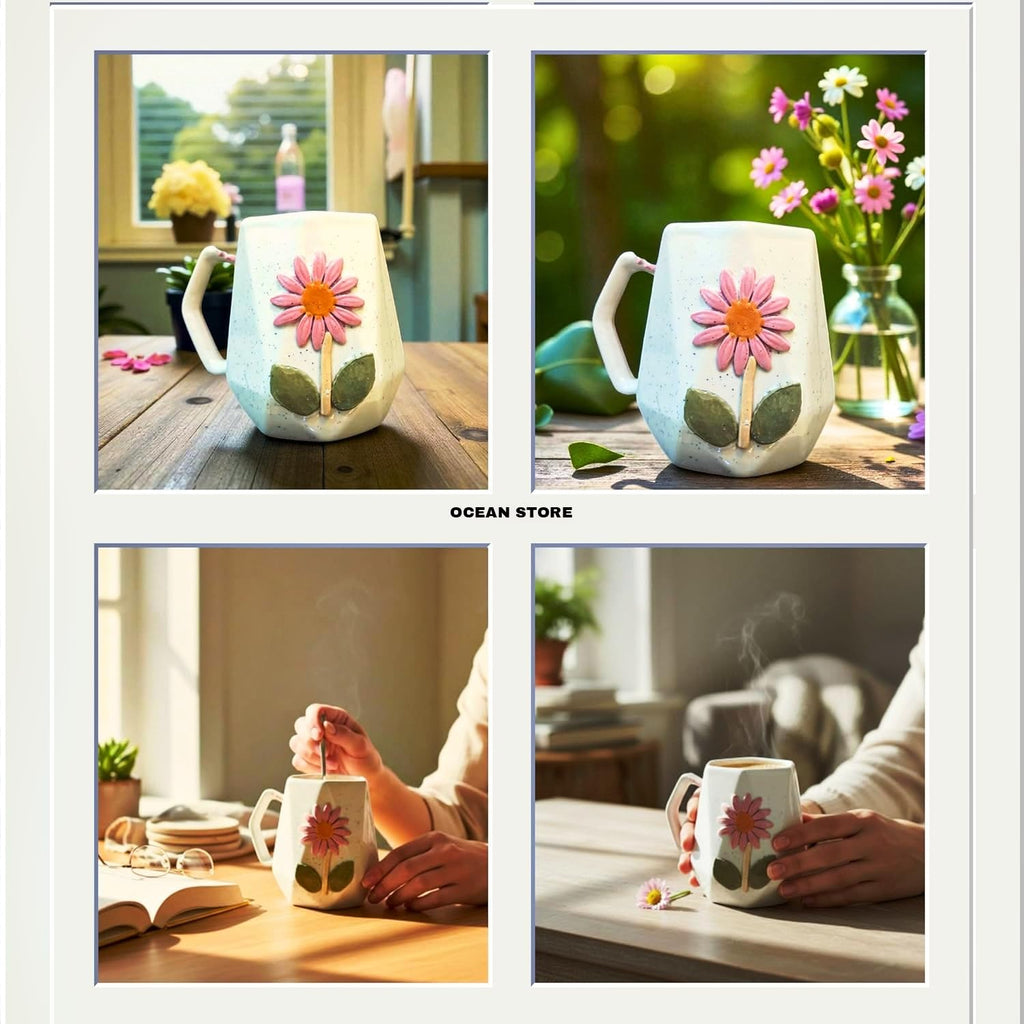 OCEAN STORE Ceramic Hexagonal Flower 240ml Coffee Mug – 3D Floral Design, Aesthetic Hand-Painted Tea Cup for Home & Office, Unique Gift for Women & Girls (Light Green)