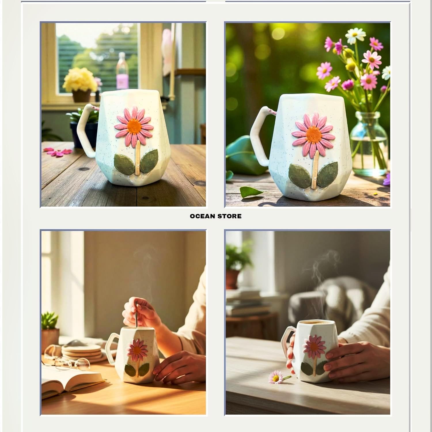 OCEAN STORE Ceramic Hexagonal Flower 240ml Coffee Mug – 3D Floral Design, Aesthetic Hand-Painted Tea Cup for Home & Office, Unique Gift for Women & Girls (Light Green)