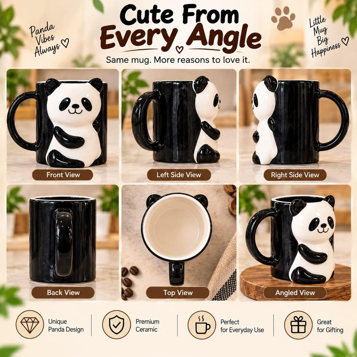 OCEAN STORE Panda Ceramic Coffee Mug, Black and White 3D Animal Design with Handle, Cup for Tea, Coffee and Hot Chocolate, 1 Piece