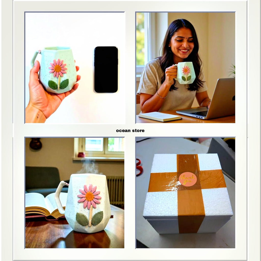OCEAN STORE Ceramic Hexagonal Flower 240ml Coffee Mug – 3D Floral Design, Aesthetic Hand-Painted Tea Cup for Home & Office, Unique Gift for Women & Girls (Light Green)