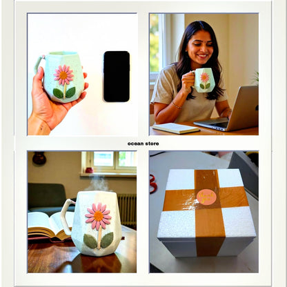 OCEAN STORE Ceramic Hexagonal Flower 240ml Coffee Mug – 3D Floral Design, Aesthetic Hand-Painted Tea Cup for Home & Office, Unique Gift for Women & Girls (Light Green)
