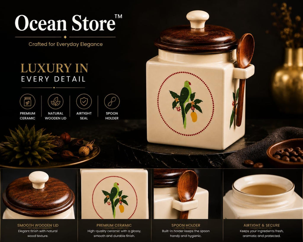 OCEAN STORE Airtight Ceramic Jar with Wooden Lid, 900ml, Cream, Square, Kitchen Container for Sugar, Tea, Salt, Pickles (White)