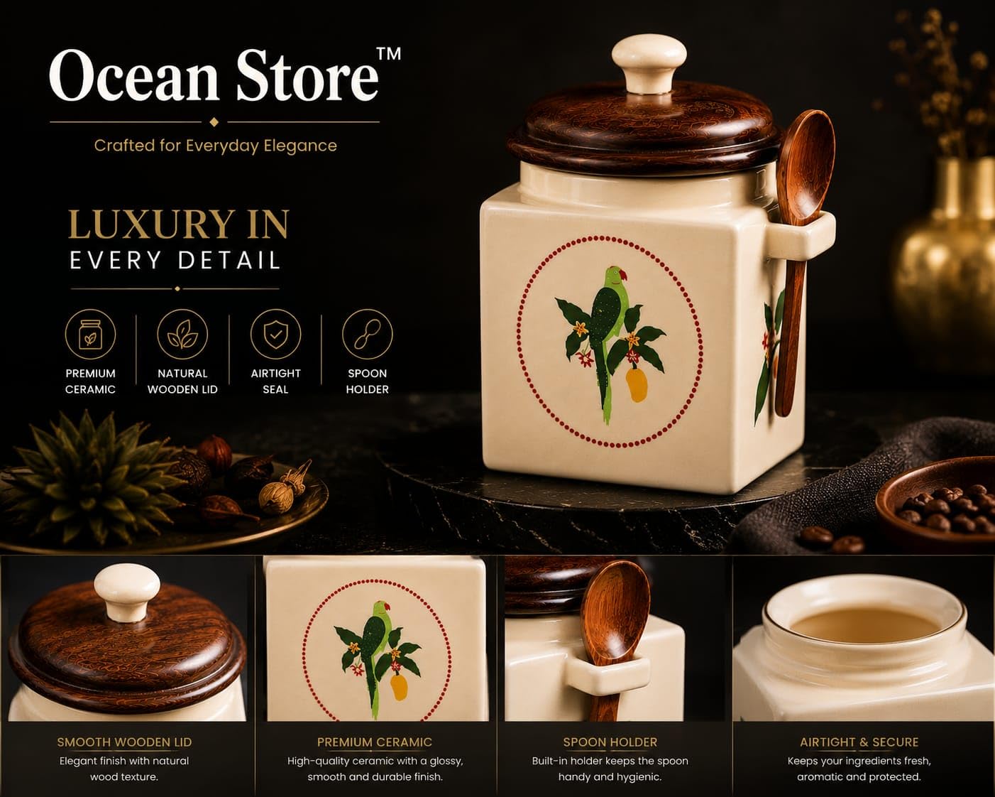 OCEAN STORE Airtight Ceramic Jar with Wooden Lid, 900ml, Cream, Square, Kitchen Container for Sugar, Tea, Salt, Pickles (White)