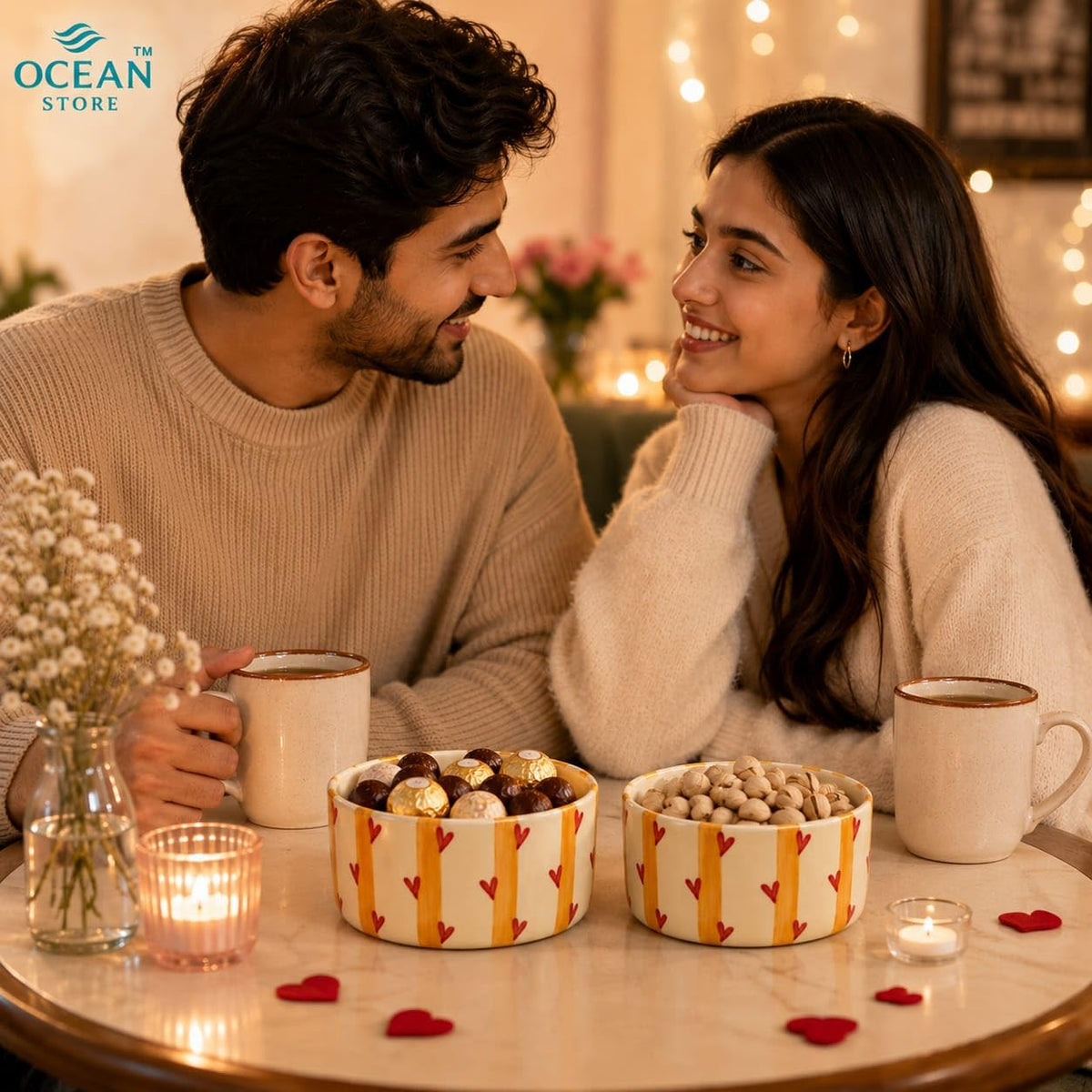 OCEAN STORE Hand-Painted Premium Ceramic Bowl | Yellow Stripes with Red Hearts | 250ml Microwave & Dishwasher Safe Small Round Serving Bowl for Snacks, Fruits & Desserts (Set of 1)