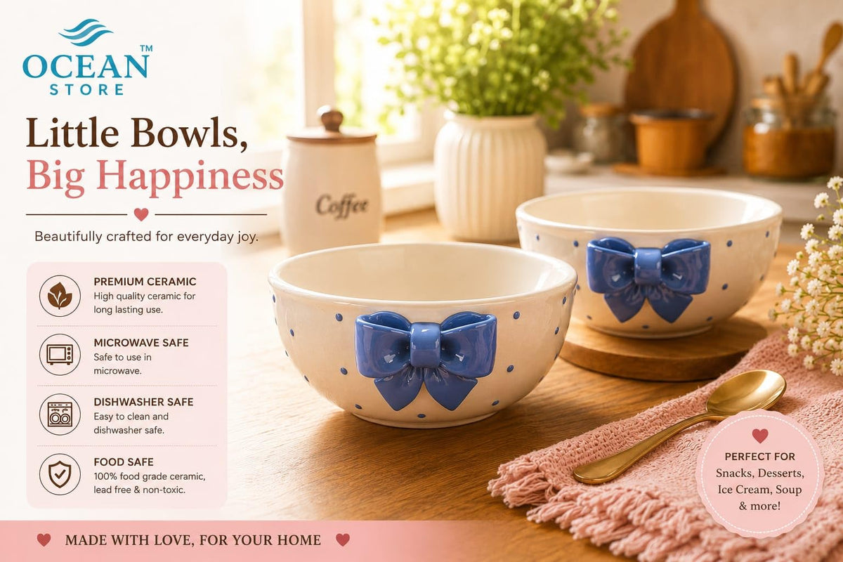 OCEAN STORE Cute Ceramic Bowl with Bow Accent, 250ml Hand-Painted Polka Dot Multipurpose Serving Bowl for Ice Cream, Soup, Snacks, and Noodles (Pink Bow, Set of 1)