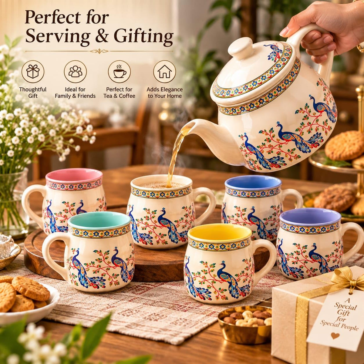 Ocean Store Ceramic Tea Set of 7, Peacock Design, 720 ml Teapot with Lid and 6 Cups of 150 ml Each, Multicolour, for Serving and Gifting