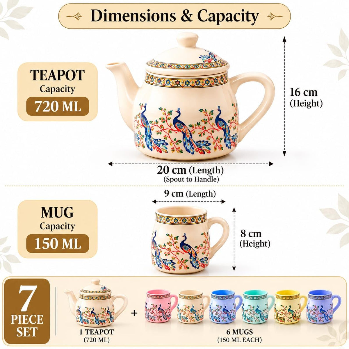 Ocean Store Ceramic Tea Set of 7, Peacock Design, 720 ml Teapot with Lid and 6 Cups of 150 ml Each, Multicolour, for Serving and Gifting