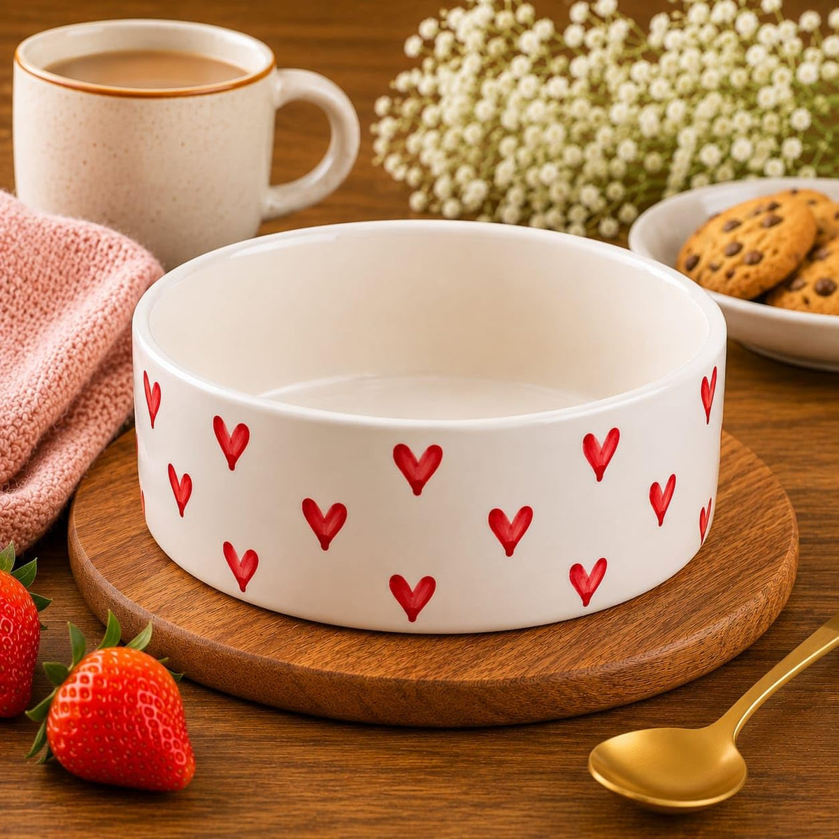 OCEAN STORE Ceramic Bowl with Hand-Painted Red Hearts, 250ml, Microwave & Dishwasher Safe, for Snacks, Fruits, Desserts (Set of 1)
