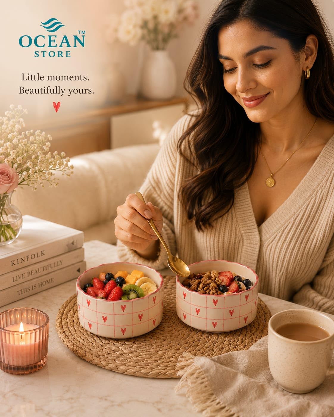 OCEAN STORE Ceramic Bowl with Red Heart Grid Pattern 250ml | Wavy Rim Cute Serving Bowl for Breakfast, Cereal, Salad, Fruits | Microwave & Oven Safe (Set of 2)