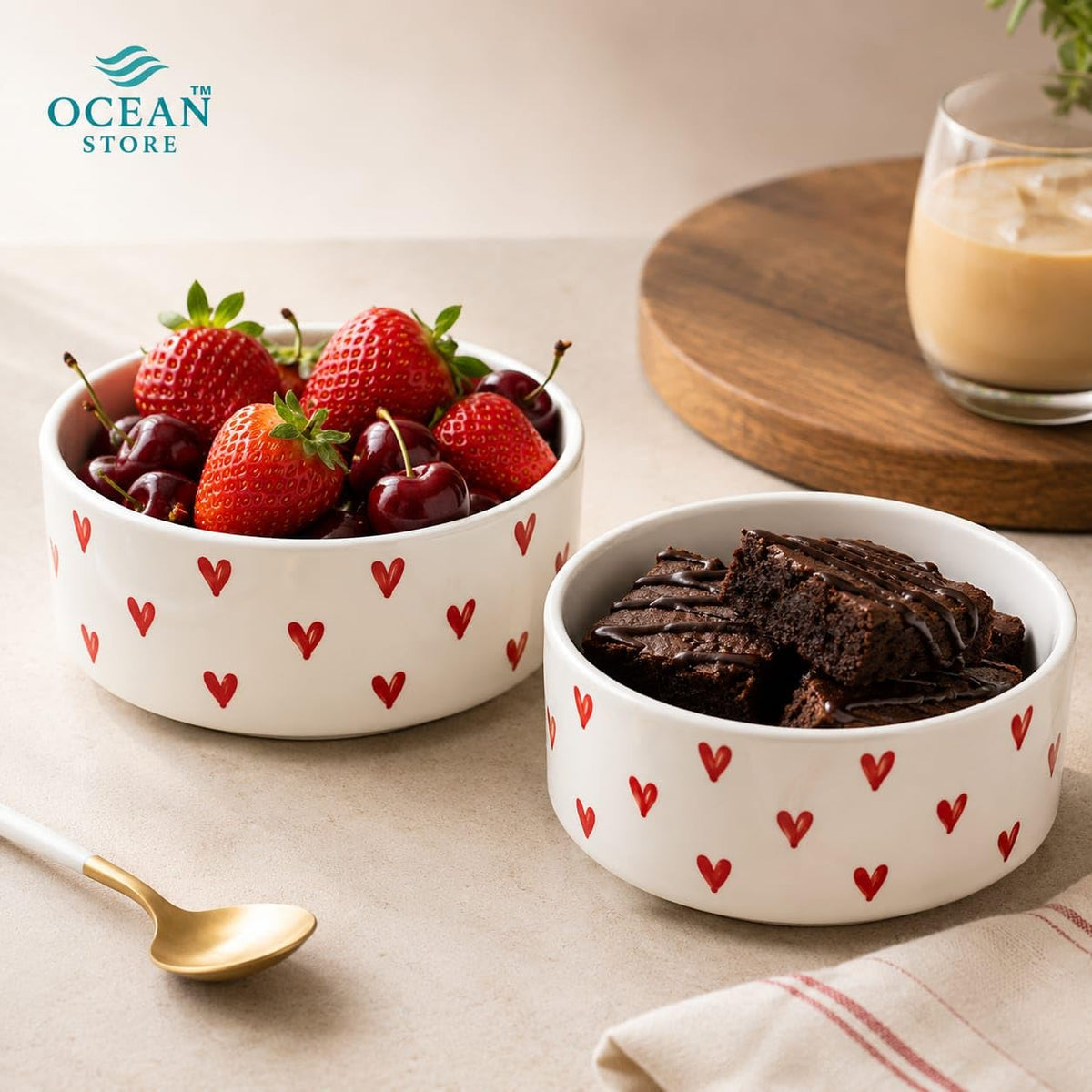 OCEAN STORE Ceramic Bowl with Hand-Painted Red Hearts, 250ml, Microwave & Dishwasher Safe, for Snacks, Fruits, Desserts (Set of 1)