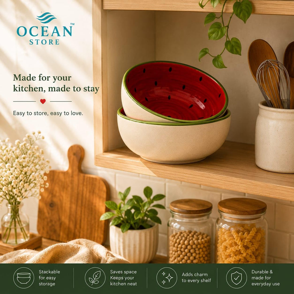 OCEAN STORE Handcrafted Watermelon Ceramic Fruit Bowl, 220ml | Premium Lead-Free Microwave & Dishwasher Safe, Dessert & Ice Cream Serving Bowl (Set of 1)