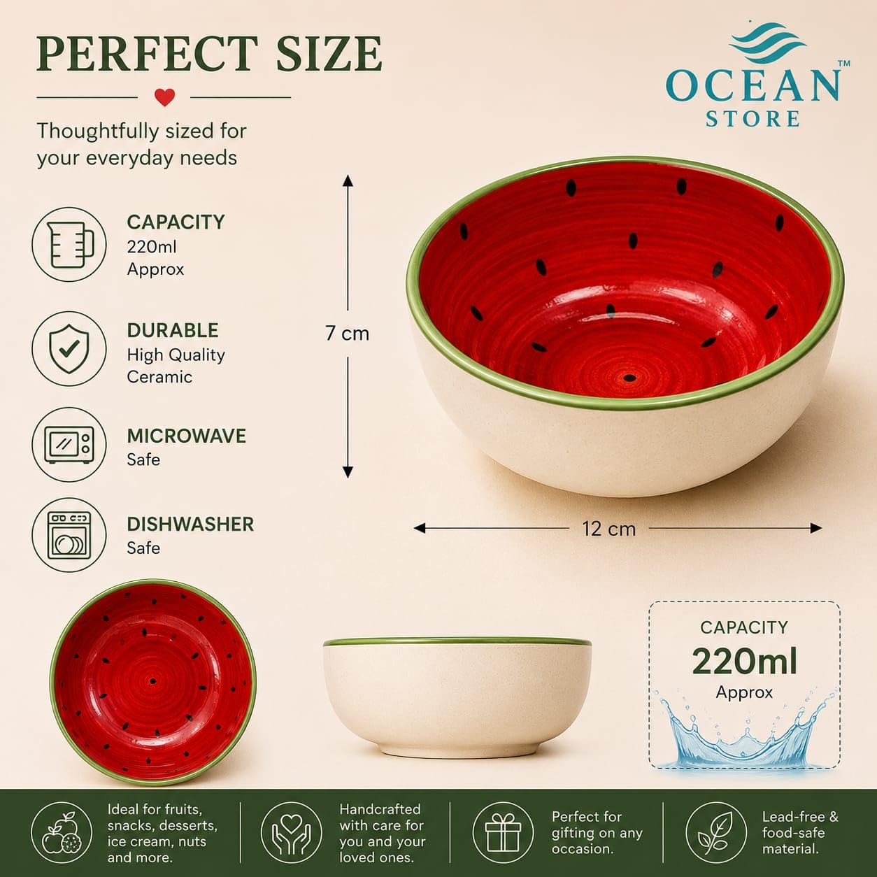 OCEAN STORE Handcrafted Watermelon Ceramic Fruit Bowl, 220ml | Premium Lead-Free Microwave & Dishwasher Safe, Dessert & Ice Cream Serving Bowl (Set of 1)