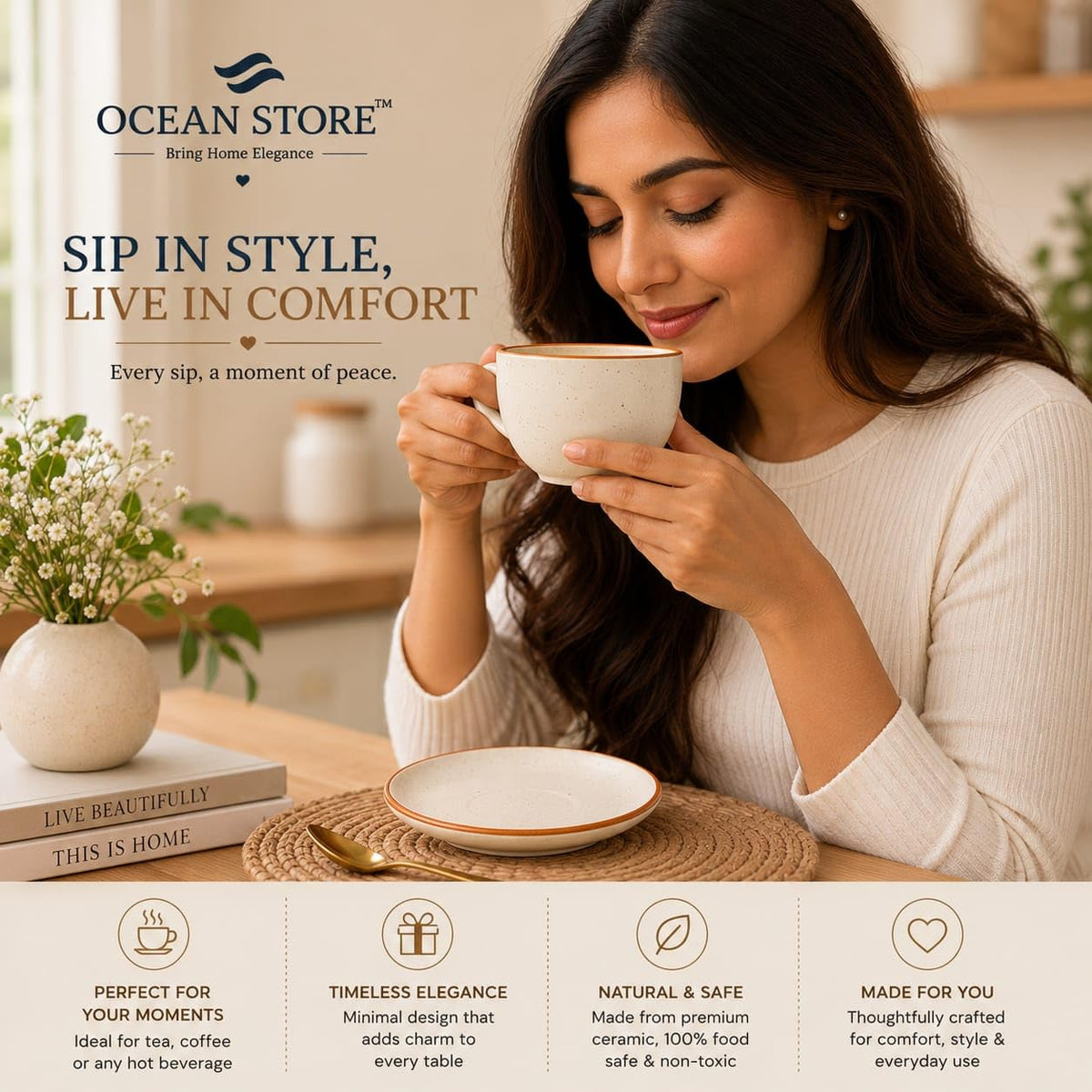 OCEAN STORE Ceramic Natural White Dotted Tea Cup and Saucer | 75 ML Capacity | Durable Stoneware for Espresso, Tea, and Herbal Infusions | Microwave & Dishwasher Safe, Antique Style (2)