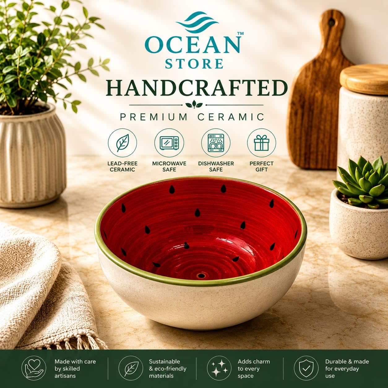 OCEAN STORE Handcrafted Watermelon Ceramic Fruit Bowl, 220ml | Premium Lead-Free Microwave & Dishwasher Safe, Dessert & Ice Cream Serving Bowl (Set of 1)